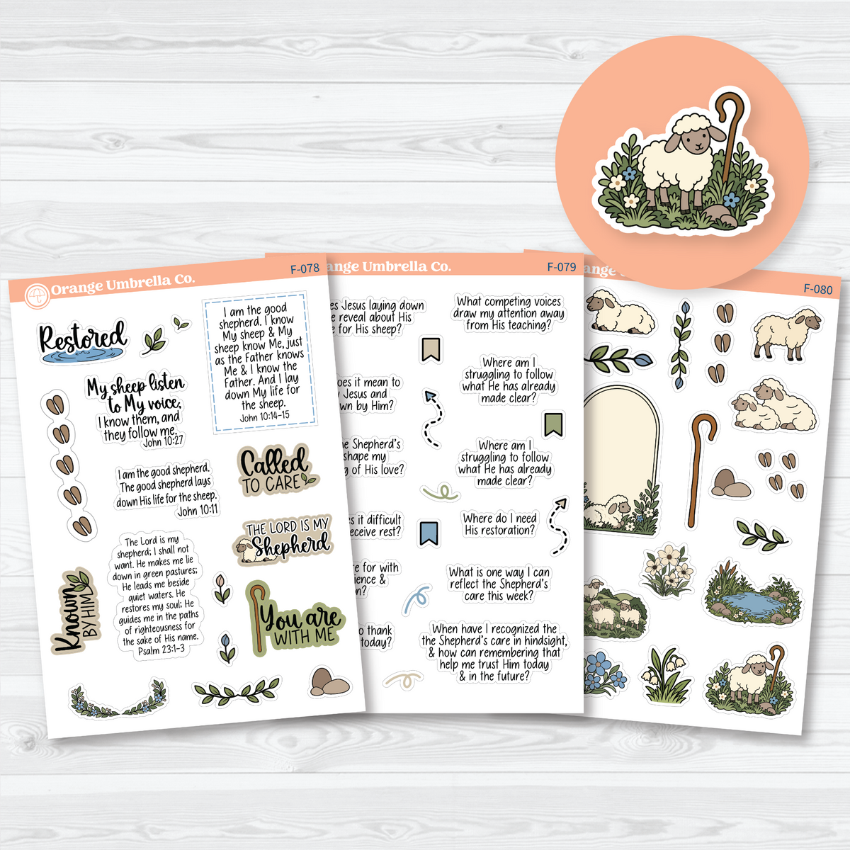 The Good Shepherd Bible study sticker sheets with verses, reflective prompts, sheep, shepherd’s crooks, flowers, and greenery on white matte paper.