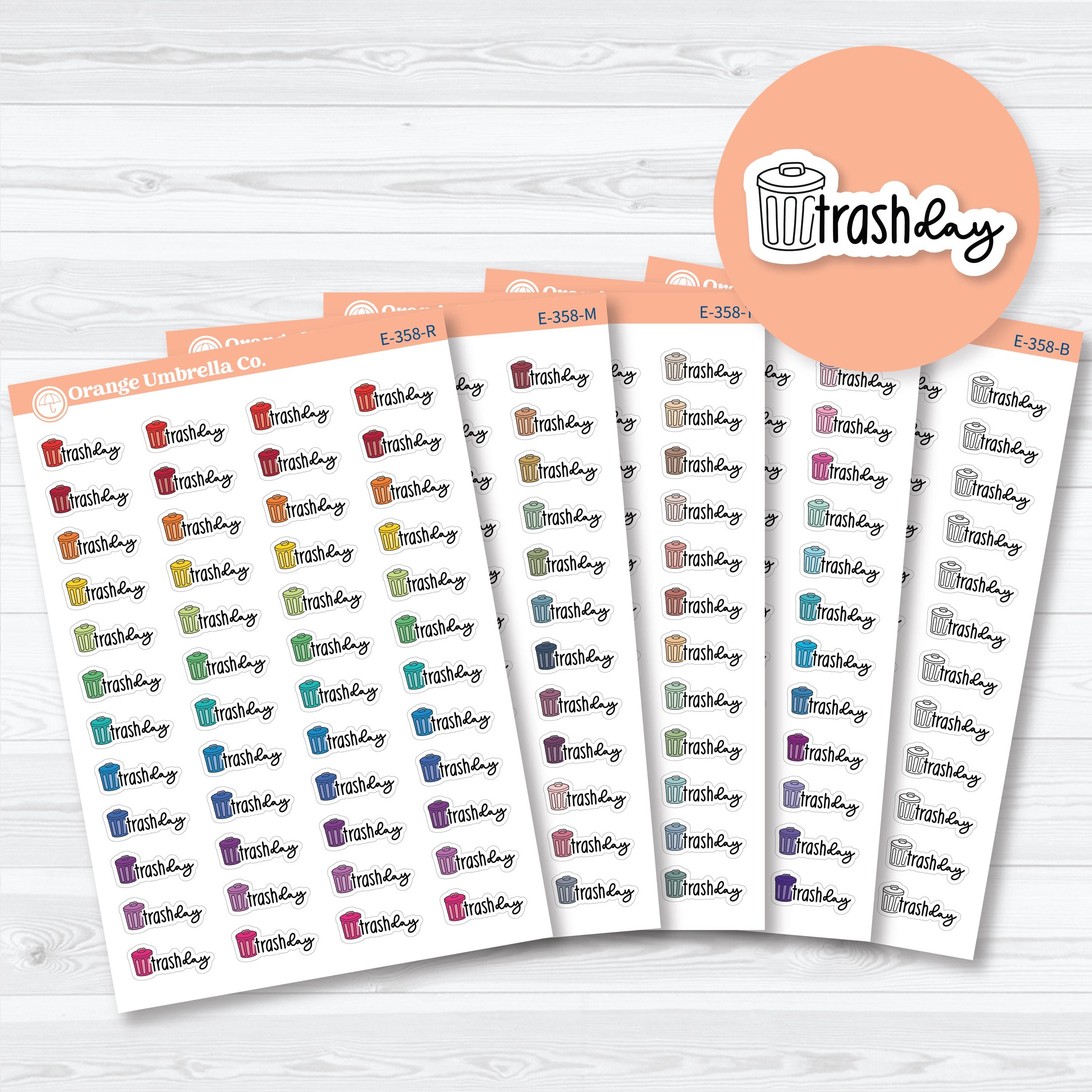 trash day planner stickers with doodled trash can icon for tracking garbage pickup and weekly chores