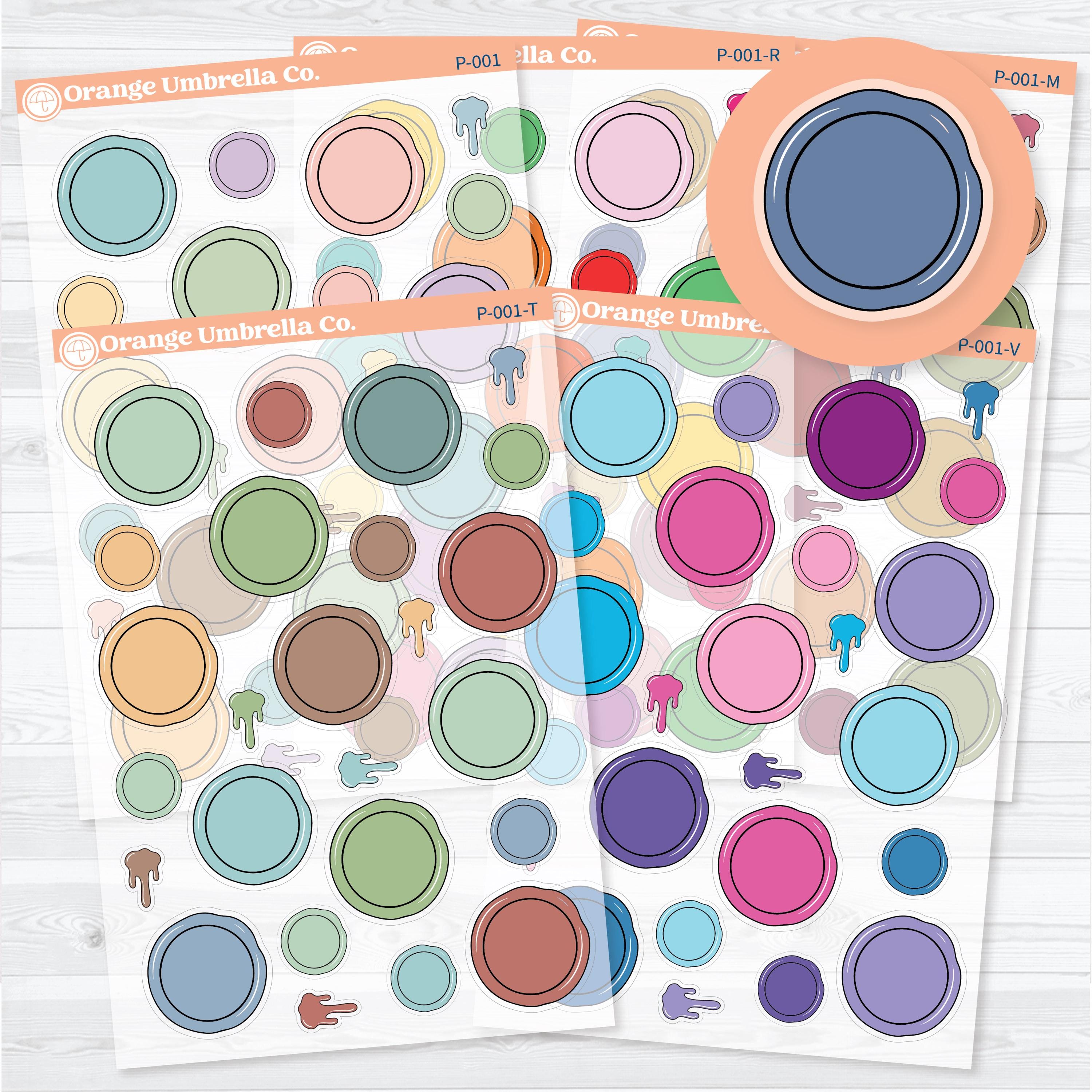 Wax seal paper pieces ephemera stickers in assorted sizes with coordinating wax drips for junk journals, scrapbooking, planners, and layered journal spreads on clear matte sticker paper.