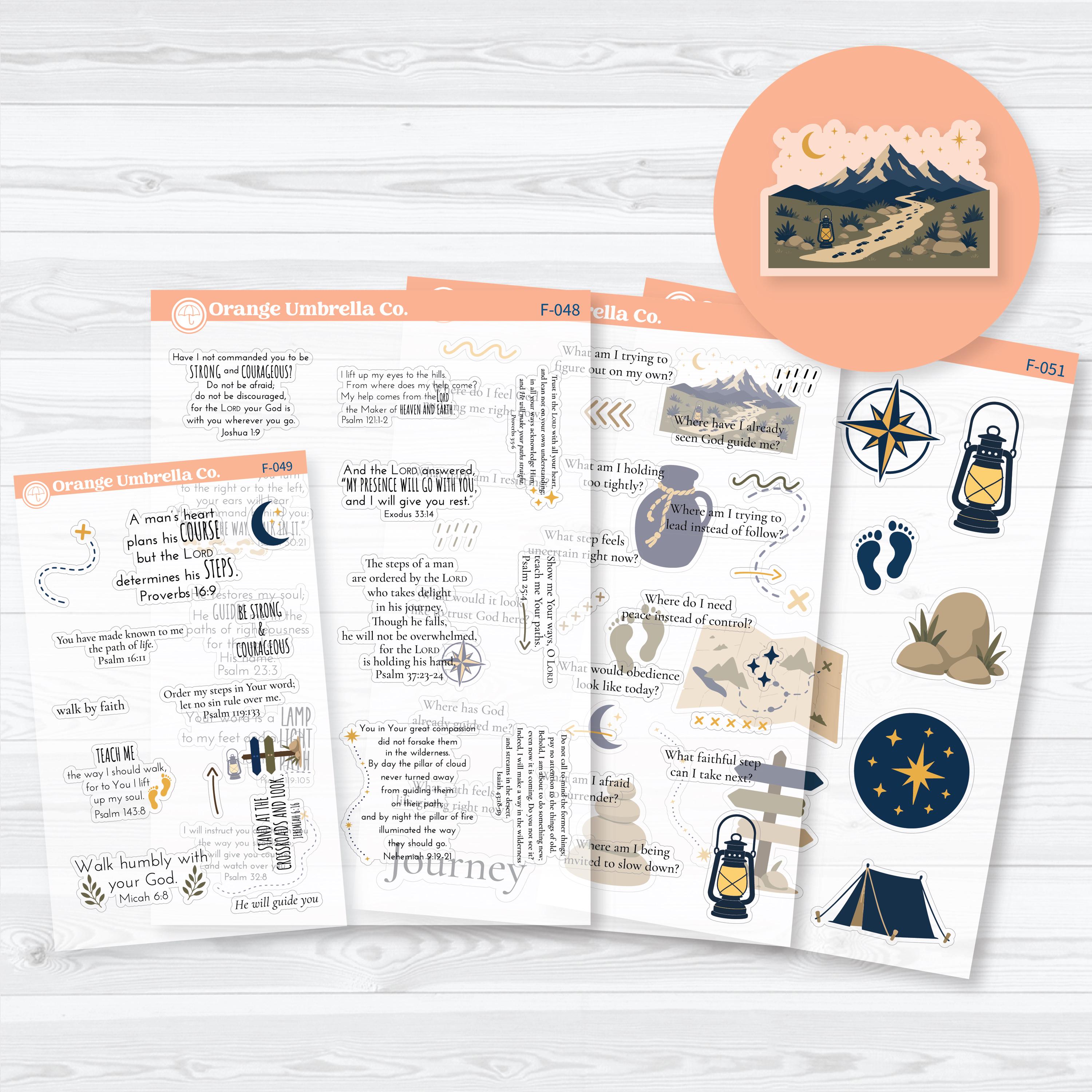 Clear matte Where He Leads Journey Bible Study sticker collection featuring Bible verses, journal prompts, and decorative faith stickers for Bible journaling, prayer journals, and faith planners.