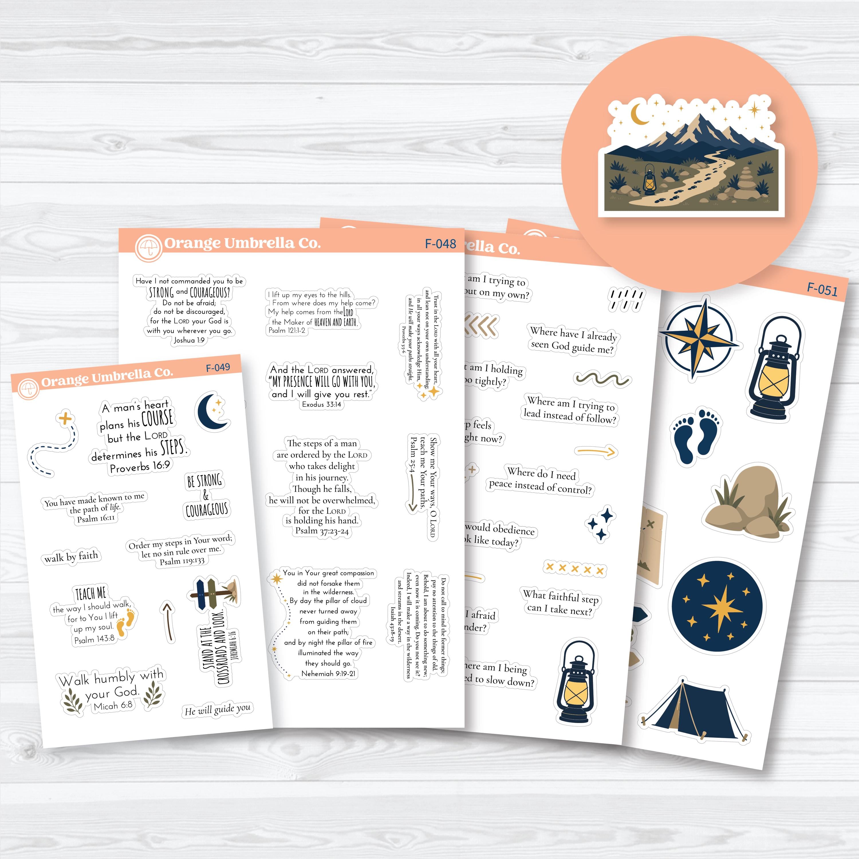 Where He Leads Journey Bible Study sticker collection featuring Bible verses, journal prompts, and decorative faith stickers for Bible journaling, prayer journals, and faith planners.