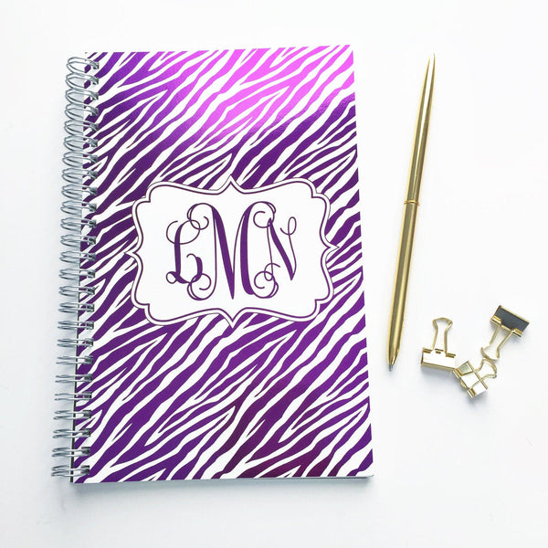 Personalized Notebook, Zebra Print and Monogram in Color Foil Spiral Notebook, Writing Journal (NB-018-F)