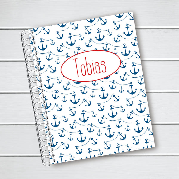 Name and Nautical Anchor Cover - Personalized Custom Spiral Journal Notebook | NB-028