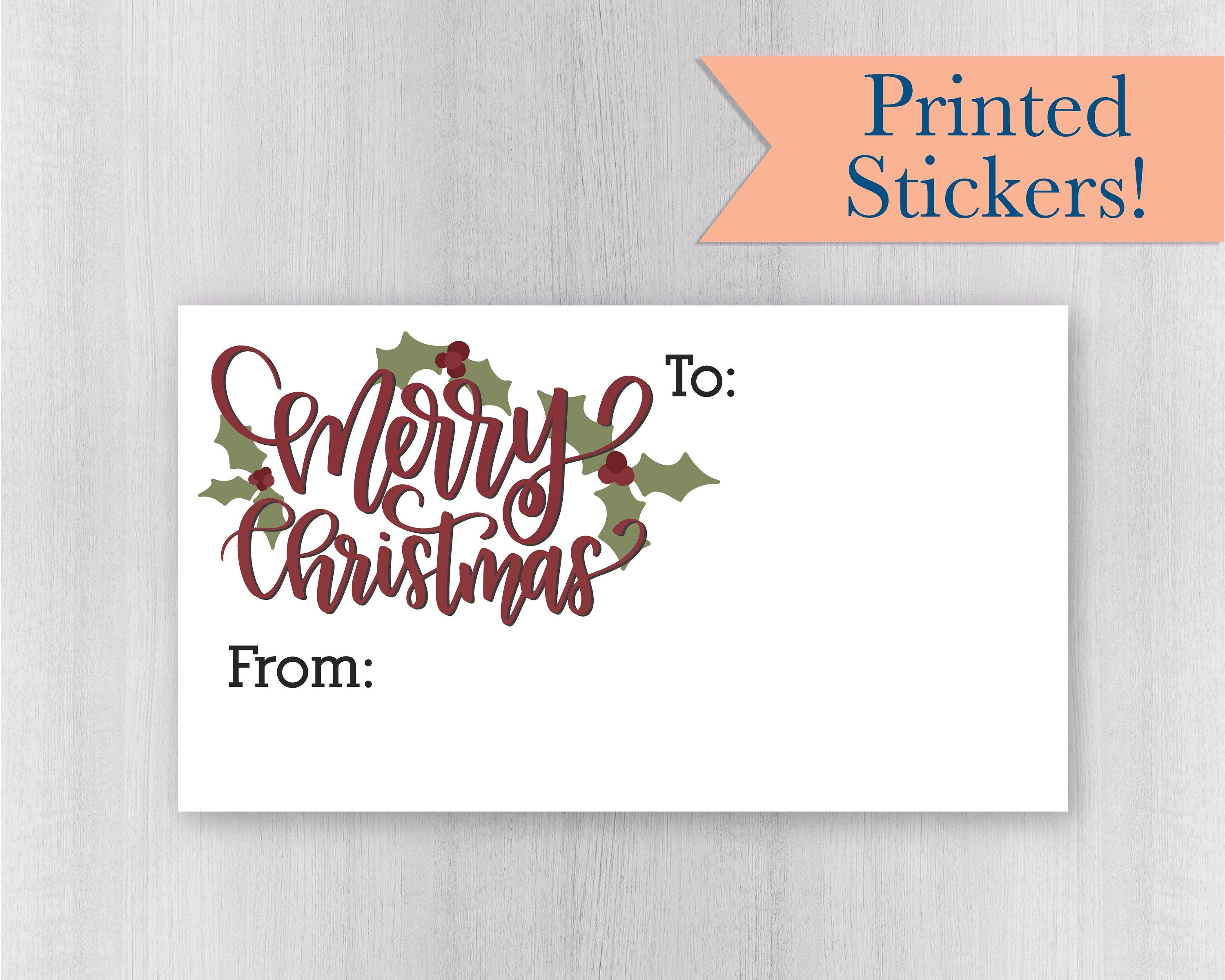 Christmas To-From Gift Tag Stickers, Holly Leaves Merry Christmas Gift Labels, White Package Stickers, Gift Wrapping Stickers (#521-05-WH)