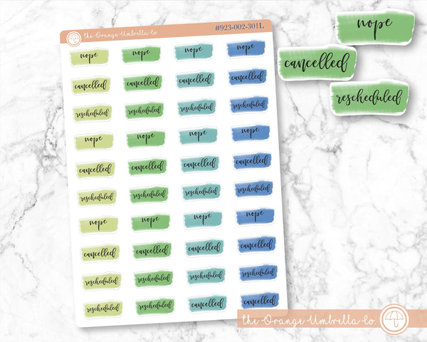 Watercolor Rescheduled Planner Stickers, Cancelled Stickers, Blue, Green Cool Colored Note Cover Stickers, F2 (#923-002-301-WH)