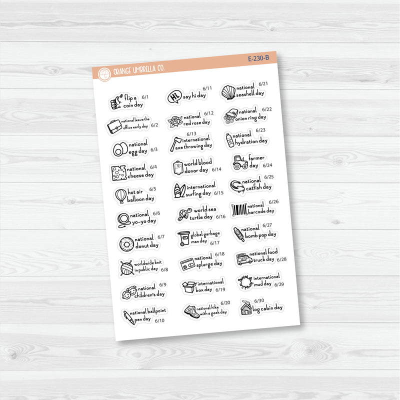 June Wacky Holidays Mini Script Planner Stickers | F16 | E-230