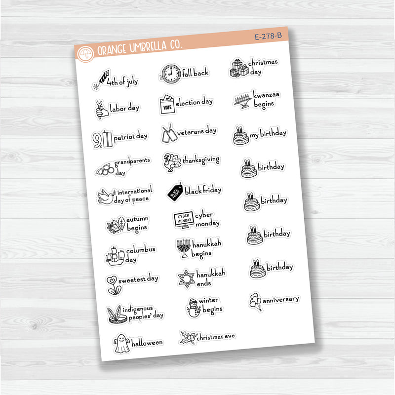 Doodle Holidays | Icon & Script Planner Stickers July-December | F16 | E-278