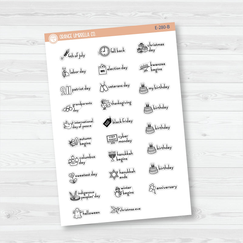 Doodle Holidays | Mini Icon & Script Planner Stickers July-December | F16 | E-280