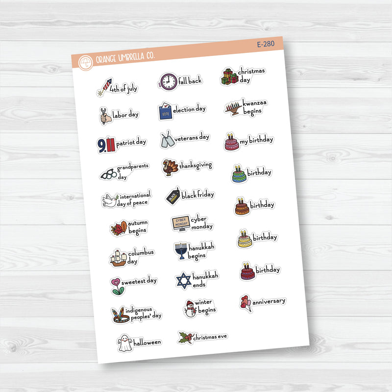 Doodle Holidays | Mini Icon & Script Planner Stickers July-December | F16 | E-280