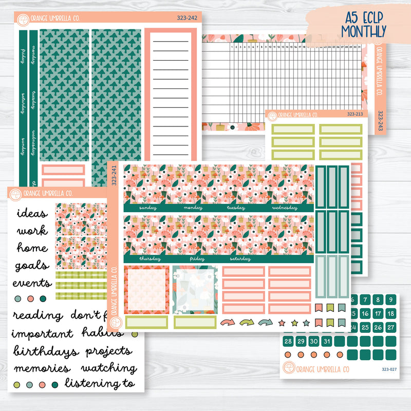 Summer Floral Monthly Kit | A5 EC Monthly & Dashboard Planner Kit Stickers | Sprout | 323-241