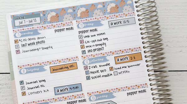 Planner spread for July 7–13 using KIT-397 “Legen-dairy,” showing cozy farm-themed stickers, to-do lists, and decorative elements on a white background.