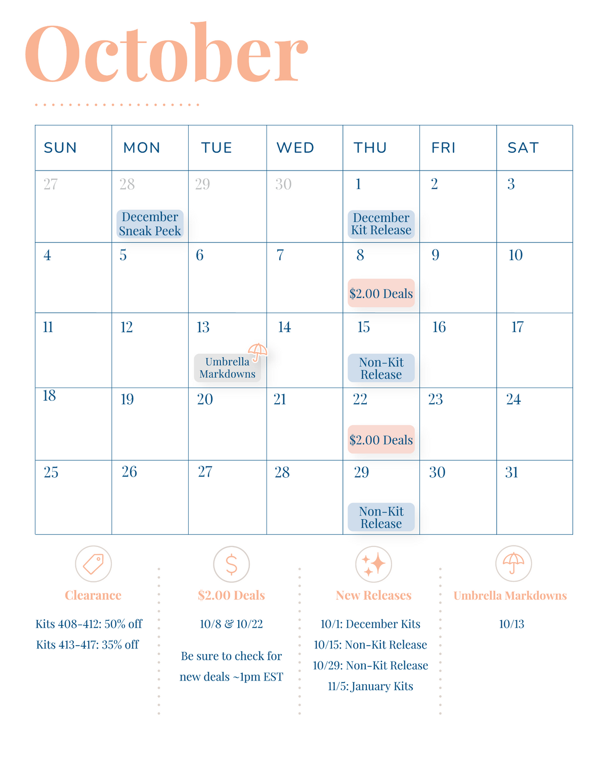 October 2026 Orange Umbrella Co. calendar with December Kit release, $2.00 Deals on October 8 and 22, Umbrella Markdowns, and two non-Kit releases