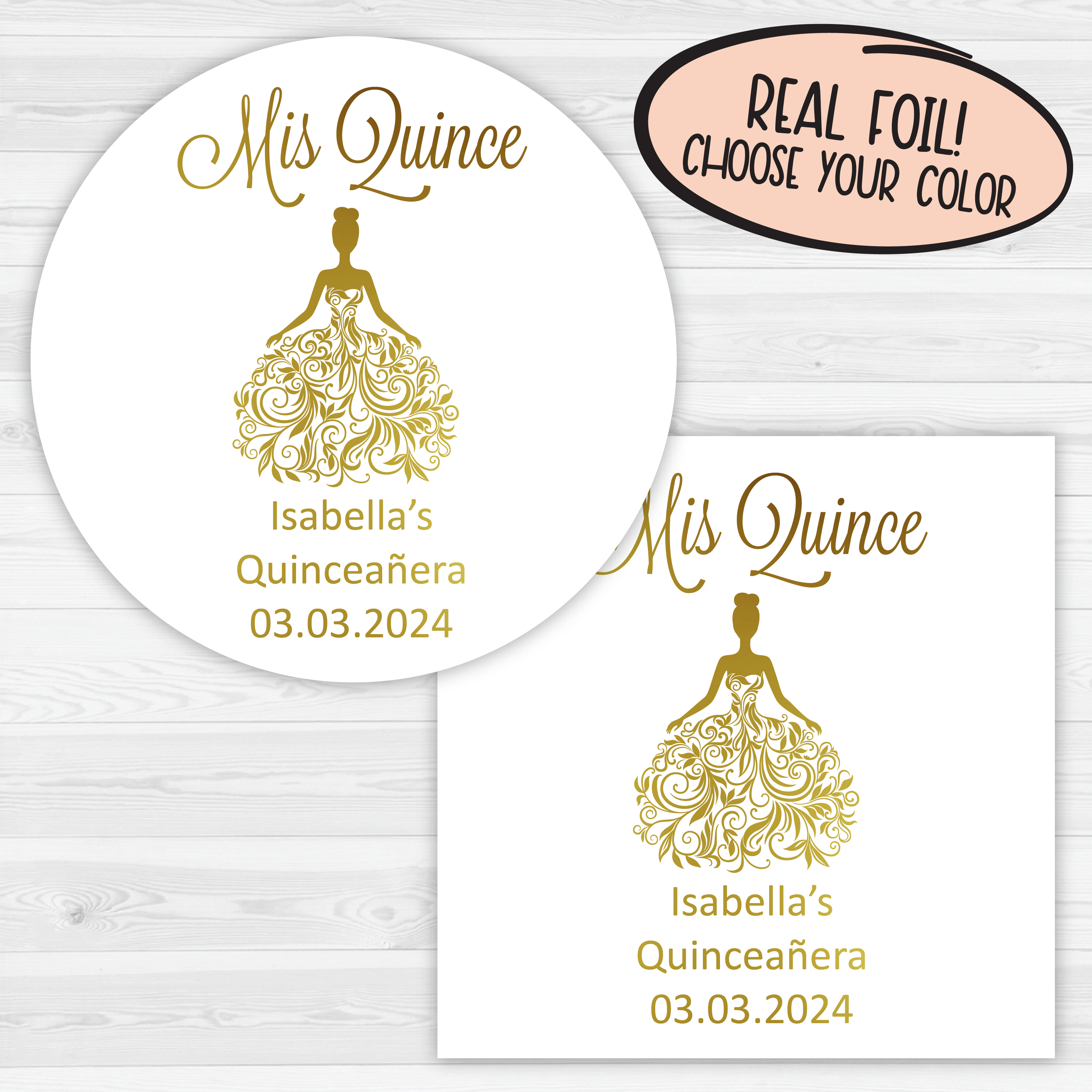Foiled Mis Quince Stickers, Etiquetas de Quinceañera Personalizadas, Shiny Sweet 15 Favor Labels, Gold Foil Stickers (#027-F)