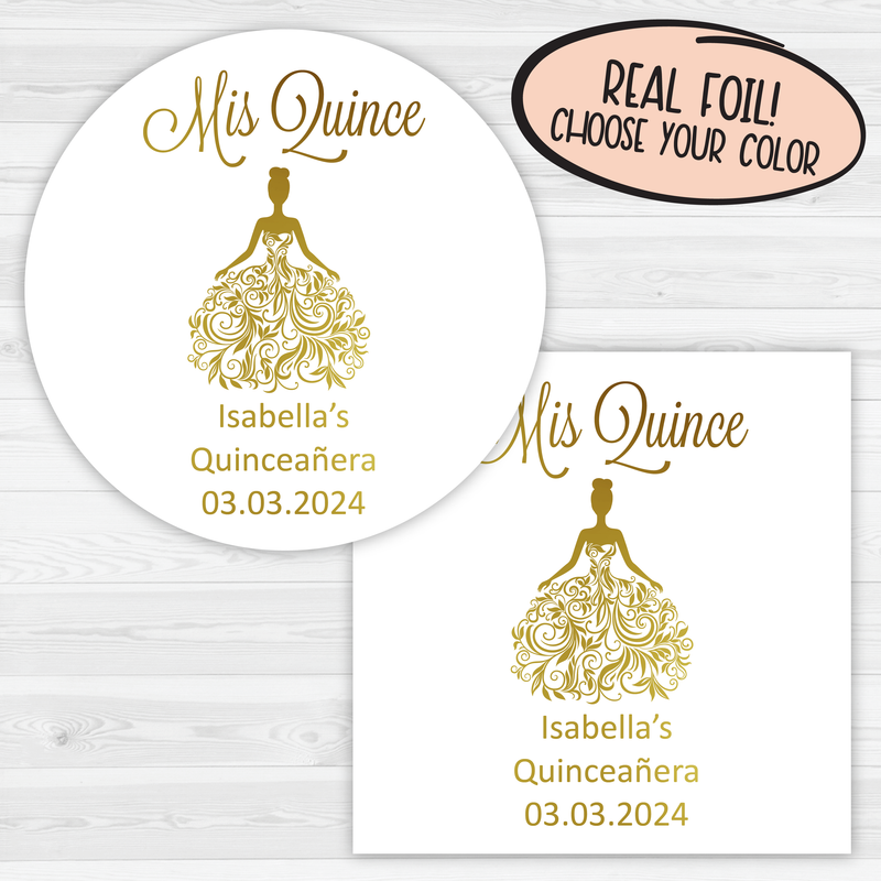 Foiled Mis Quince Stickers, Etiquetas de Quinceañera Personalizadas, Shiny Sweet 15 Favor Labels, Gold Foil Stickers (