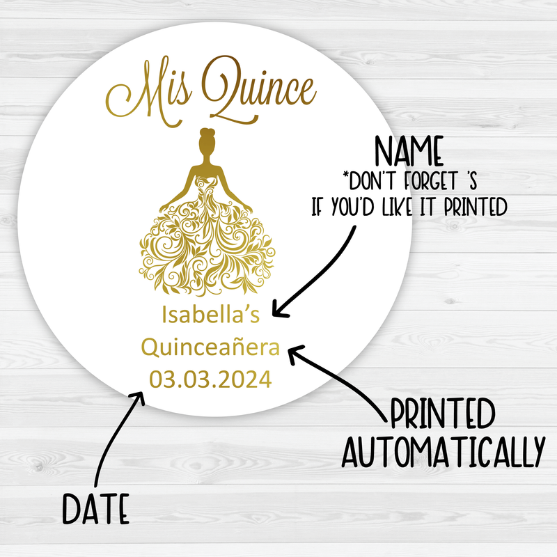 Foiled Mis Quince Stickers, Etiquetas de Quinceañera Personalizadas, Shiny Sweet 15 Favor Labels, Gold Foil Stickers (