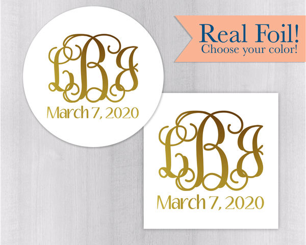 Foiled Wedding Favor Stickers, Monogramed Wedding Stickers, Foiled Monogram Wedding Labels (#156-F)