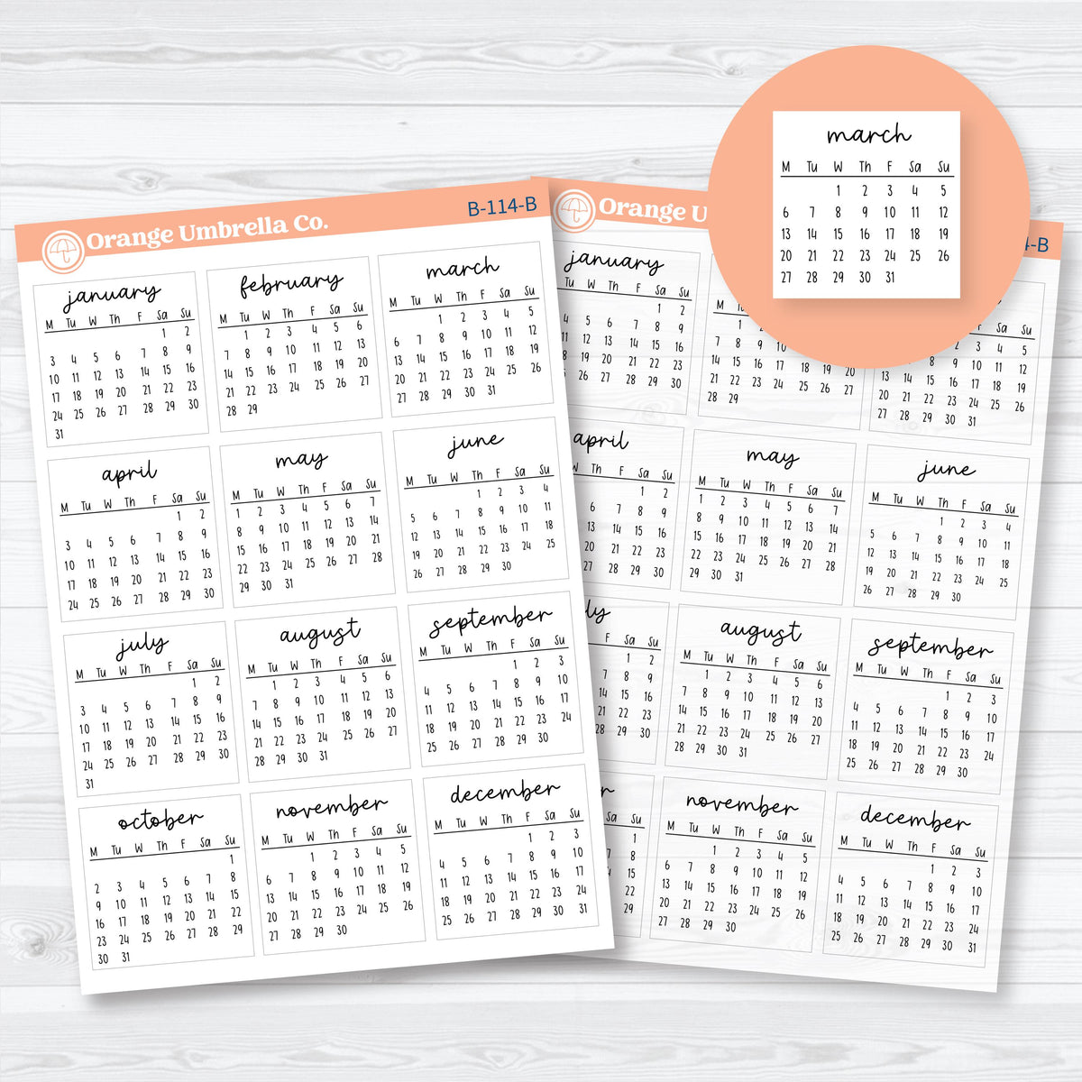 2028 Monday-start mini calendar planner stickers showing all 12 months in a compact format with white matte and clear matte paper options.