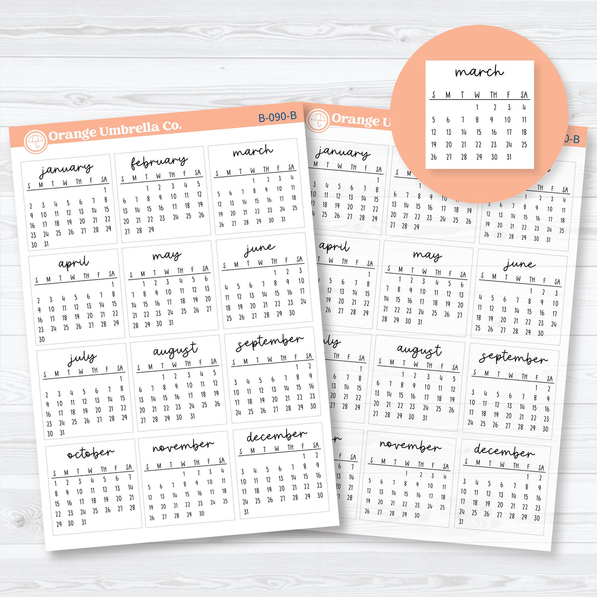 2028 Sunday-start mini calendar planner stickers showing all 12 months in a compact format with white matte and clear matte paper options.
