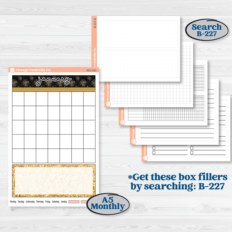 New Year’s Day Kit | A5 or 7x9 Create Your Own Monthly or Dashboard | Monthly & Reading Log Sticker Kit | All That Glitters | KIT-502-U
