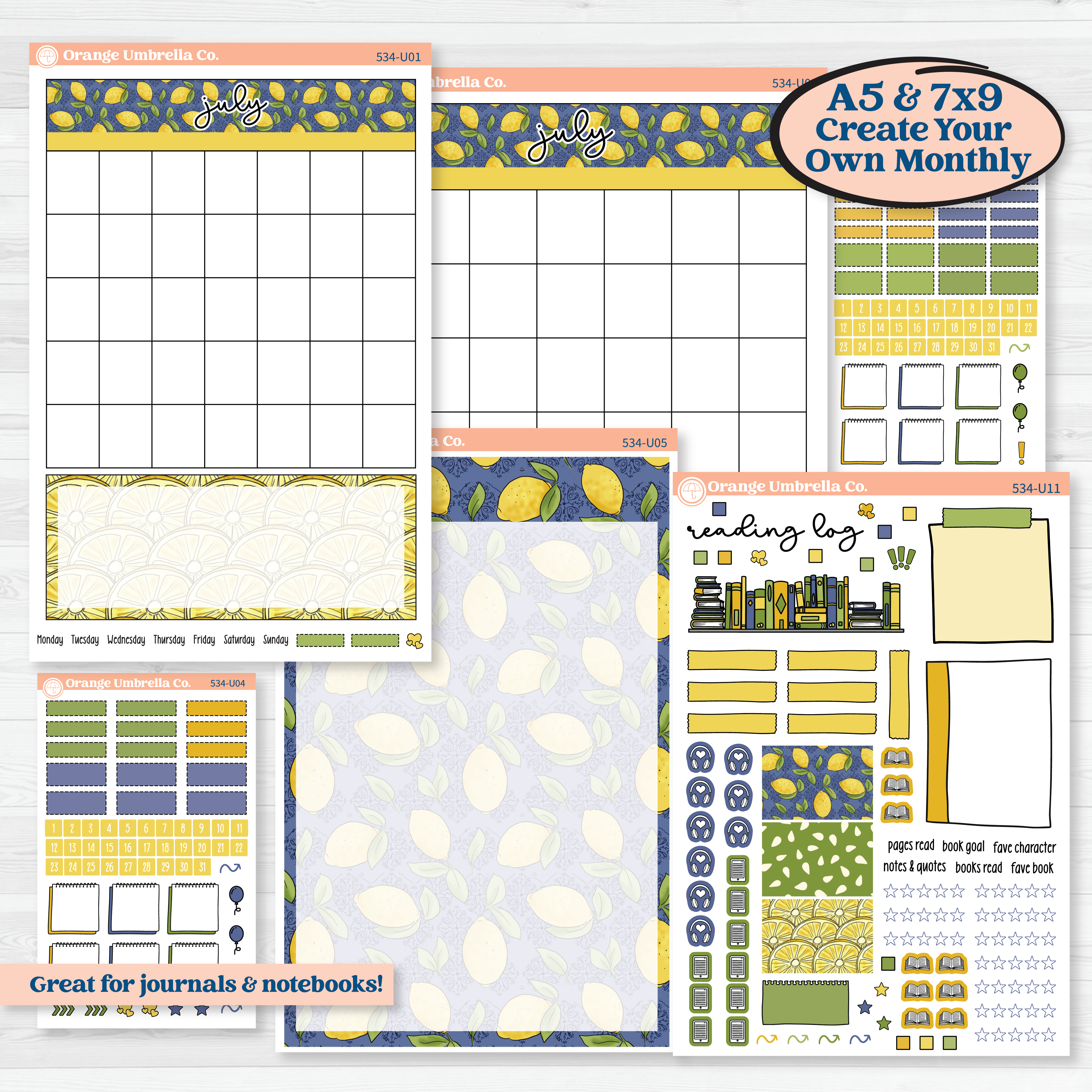 Summer Lemon Kit | A5 or 7x9 Create Your Own Monthly or Dashboard Universal | Monthly & Reading Log Sticker Kit | Lemonade Stand | KIT-534-U