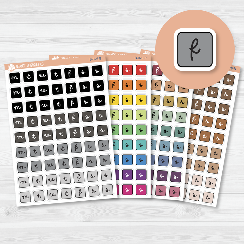 Weekday Letter Cover Planner Stickers | Square F16 Script | B-026