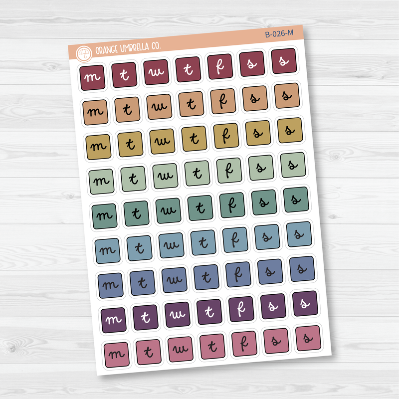 Weekday Letter Cover Planner Stickers | Square F16 Script | B-026