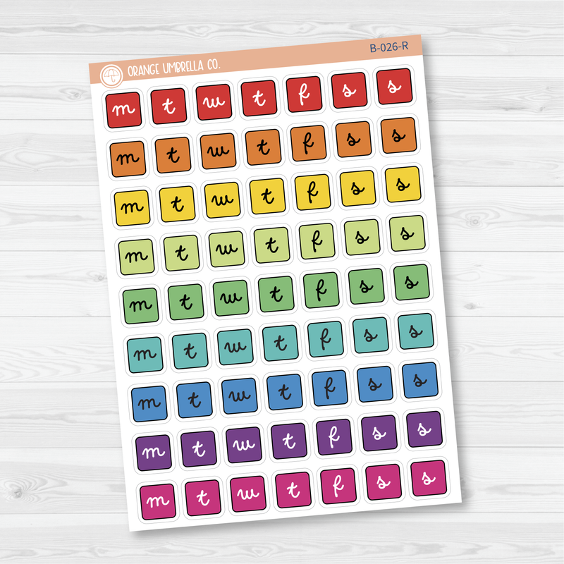 Weekday Letter Cover Planner Stickers | Square F16 Script | B-026