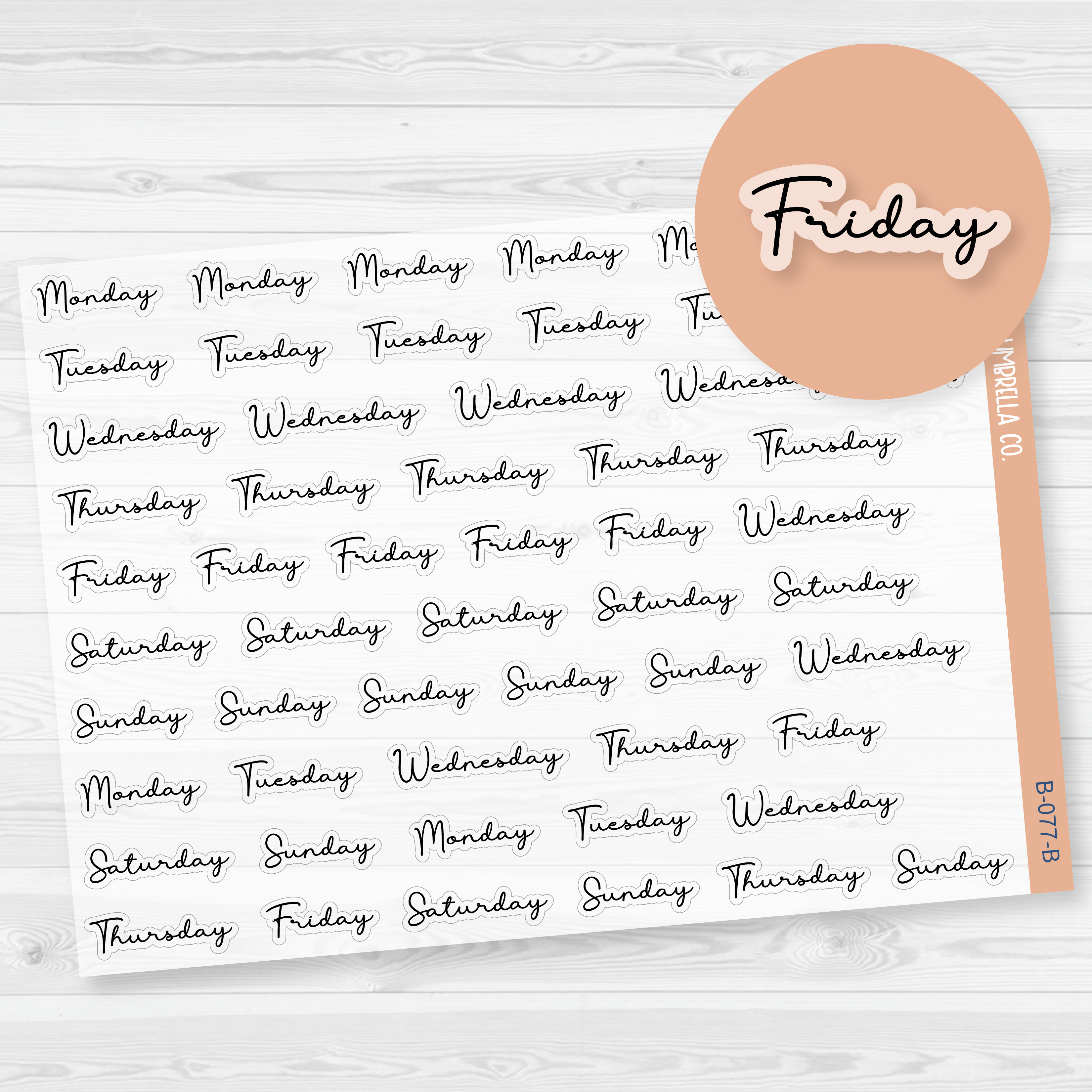 Day of the Week Stickers | Script Planner Headers | F5 Clear Matte | B-077-BCM
