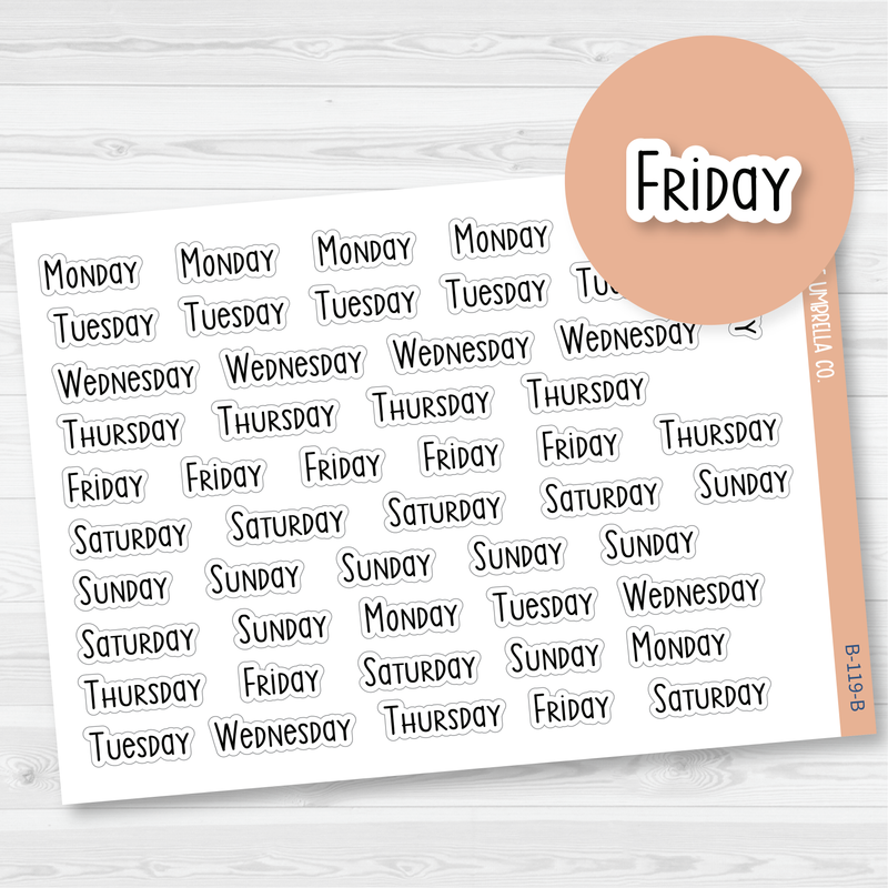 Day of the Week Header Script Planner Stickers | F3 | B-119-B