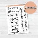 Month Name Planner Stickers - 7x9, 8.5x11 ECLP & Hobonichi Cousin | F16 Script | B-135-B