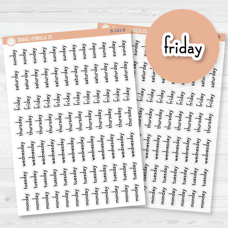 Day of the Week Header Script Planner Stickers | F16 Print |  B-243