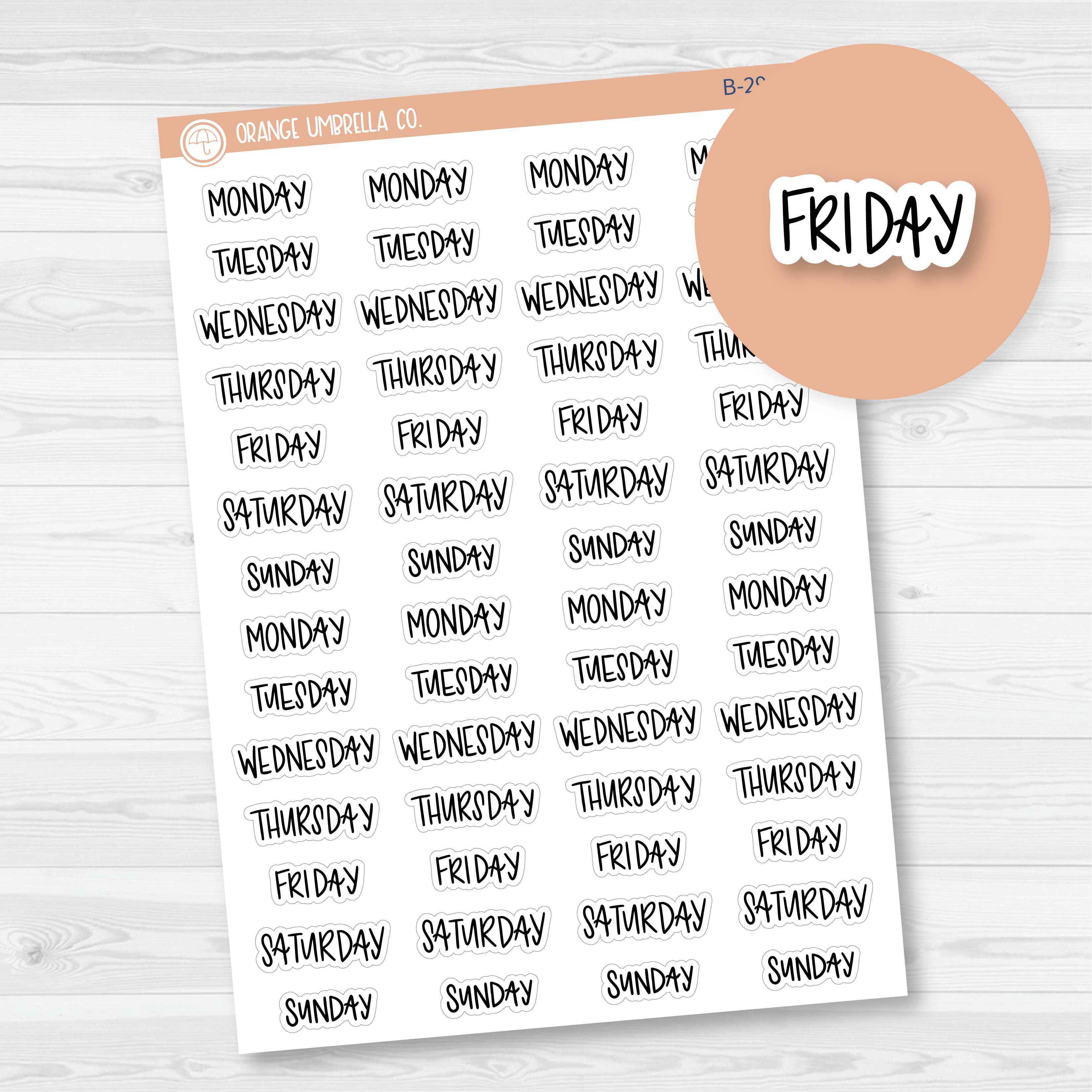 Days of the Week Planner Stickers | Script Weekly Headers | F7 | B-291