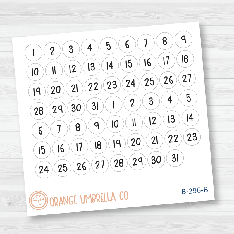 White Date Dot Planner Stickers, Circle / Square Date Numbers Planner Stickers, FSP (B-296 & B-297)