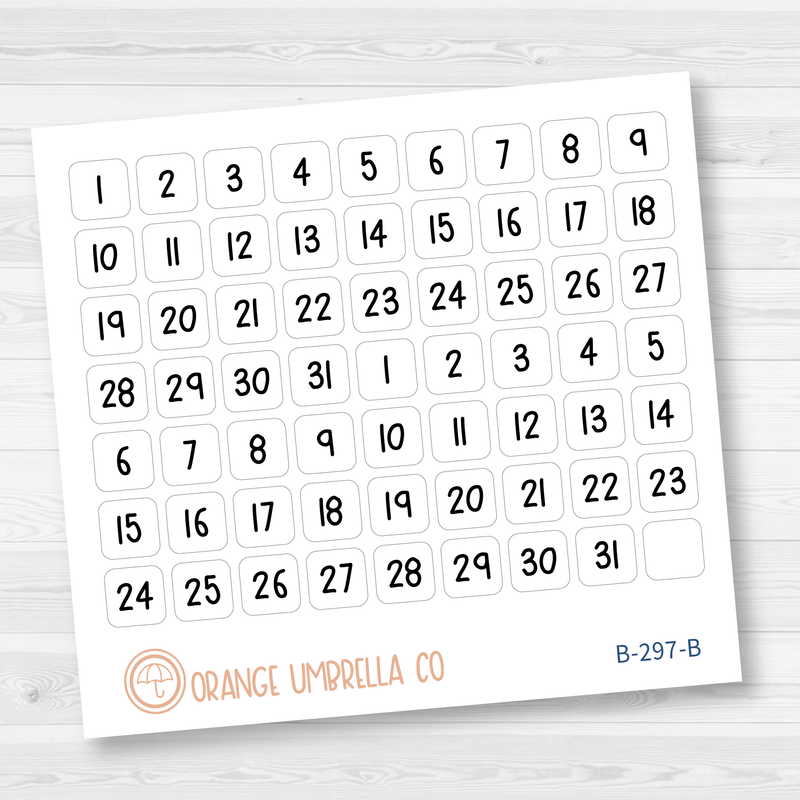 White Date Dot Planner Stickers, Circle / Square Date Numbers Planner Stickers, FSP (B-296 & B-297)