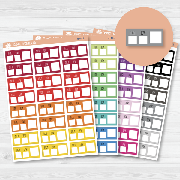 Weather Tracking Box Planner Stickers, Weather High/Low Tracking Labels, Color Print Planning Stickers (B-412,-413,-414,-419)