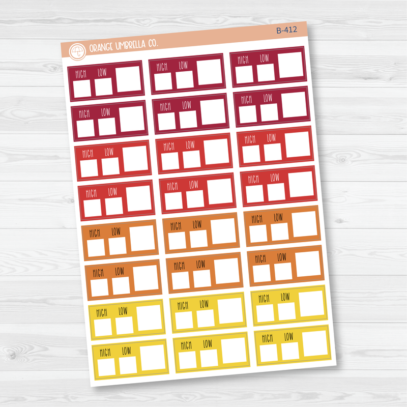 Weather Tracking Box Planner Stickers, Weather High/Low Tracking Labels, Color Print Planning Stickers (B-412,-413,-414,-419)