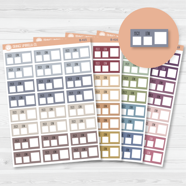 Weather Tracking Box Planner Stickers, Weather High/Low Tracking Labels, Color Print Planning Stickers (B-415,-416,-417,-418)