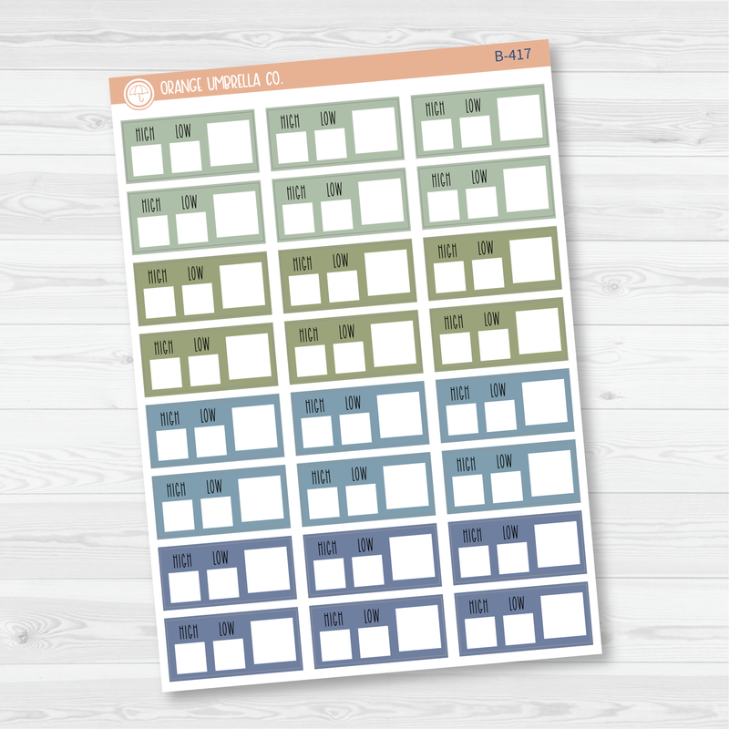 Weather Tracking Box Planner Stickers, Weather High/Low Tracking Labels, Color Print Planning Stickers (B-415,-416,-417,-418)