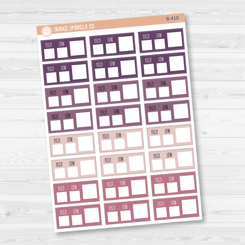 Weather Tracking Box Planner Stickers, Weather High/Low Tracking Labels, Color Print Planning Stickers (B-415,-416,-417,-418)