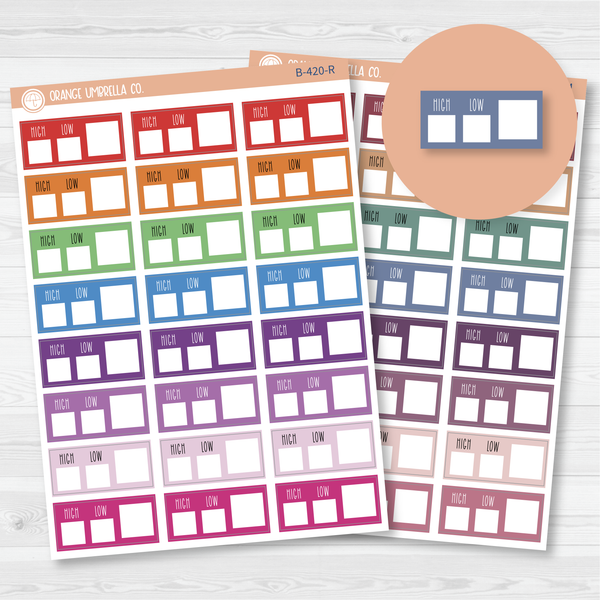 Weather Tracking Box Planner Stickers, Weather High/Low Tracking Labels, Color Print Planning Stickers (B-420)