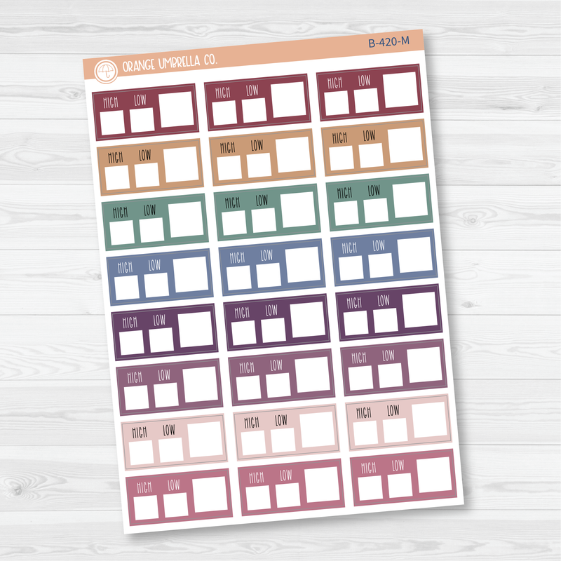 Weather Tracking Box Planner Stickers, Weather High/Low Tracking Labels, Color Print Planning Stickers (B-420)