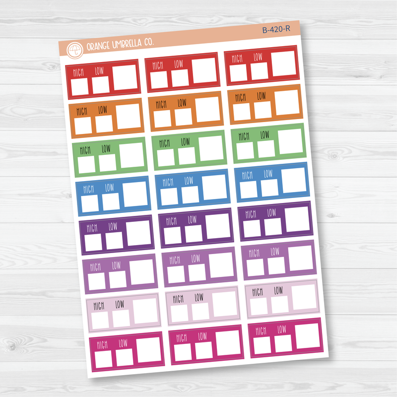 Weather Tracking Box Planner Stickers, Weather High/Low Tracking Labels, Color Print Planning Stickers (B-420)