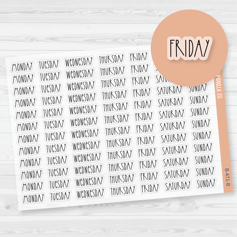 Day of the Week Header Script Planner Stickers | F12 Print Clear Matte | B-471-BCM