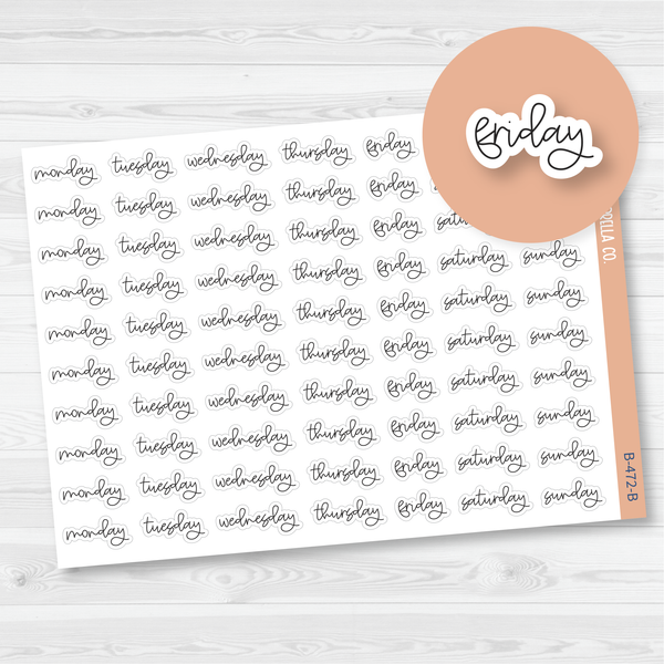 Day of the Week Header Script Planner Stickers | F12 Cursive | B-472