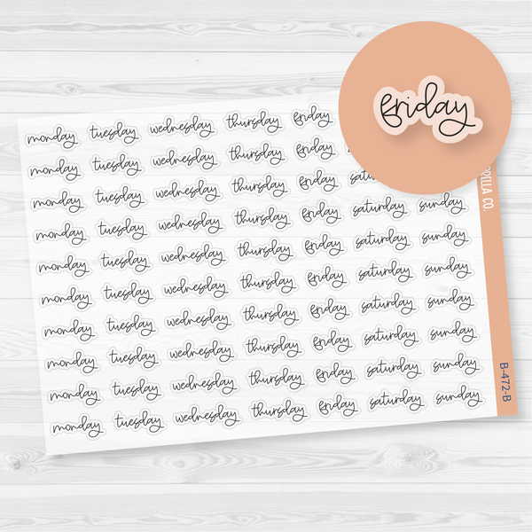 Day of the Week Header Script Planner Stickers | F12 Cursive Clear Matte | B-472-BCM