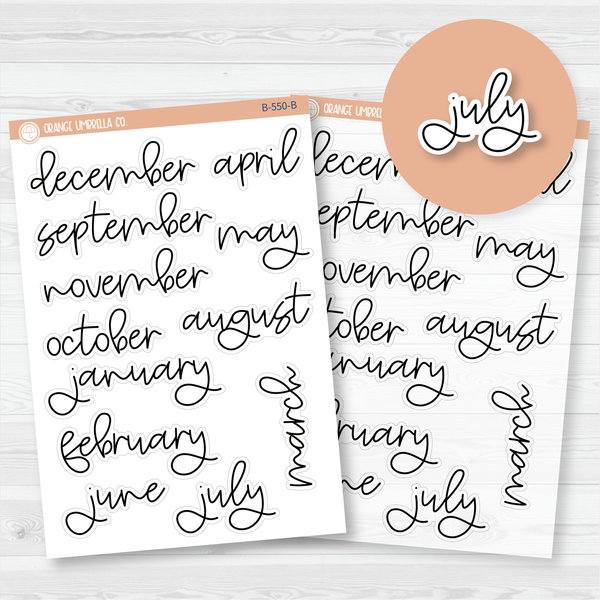 Month Name Stickers - Hobonichi Cousin / A5 & 8.5X11 ECLP Monthly Planner Stickers | FC12 Script | B-550-B