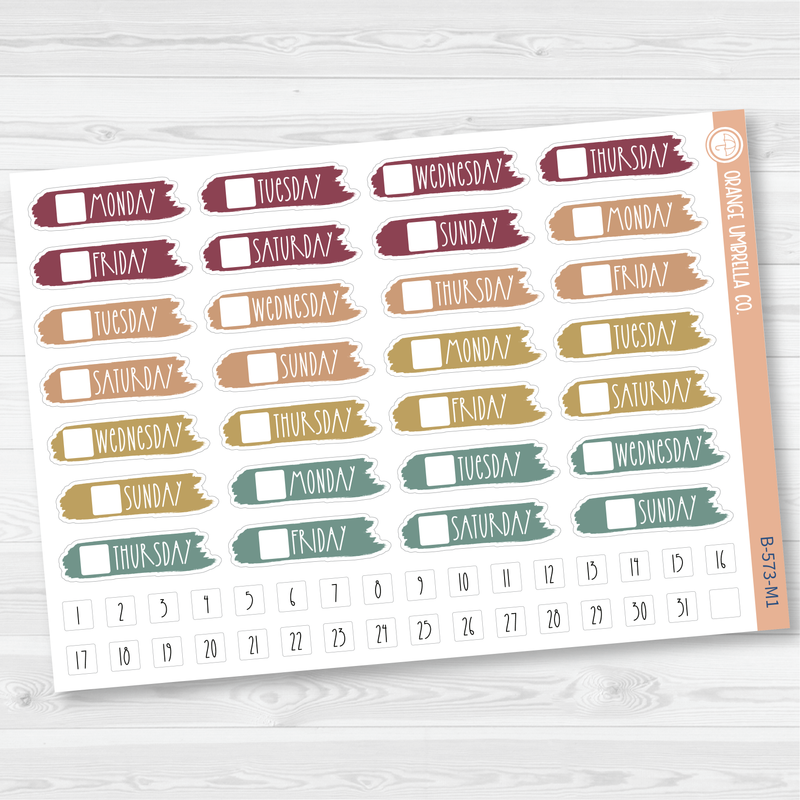 Brush Stroke Day of the Week Date Cover Planner Stickers | B-573