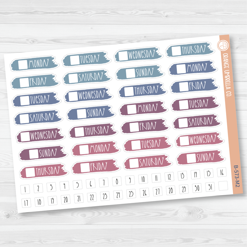 Brush Stroke Day of the Week Date Cover Planner Stickers | B-573