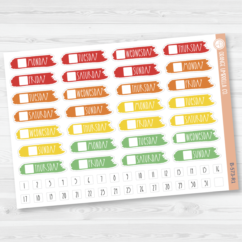 Brush Stroke Day of the Week Date Cover Planner Stickers | B-573