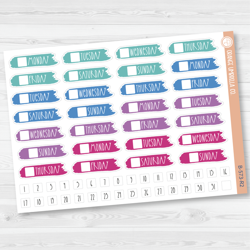 Brush Stroke Day of the Week Date Cover Planner Stickers | B-573